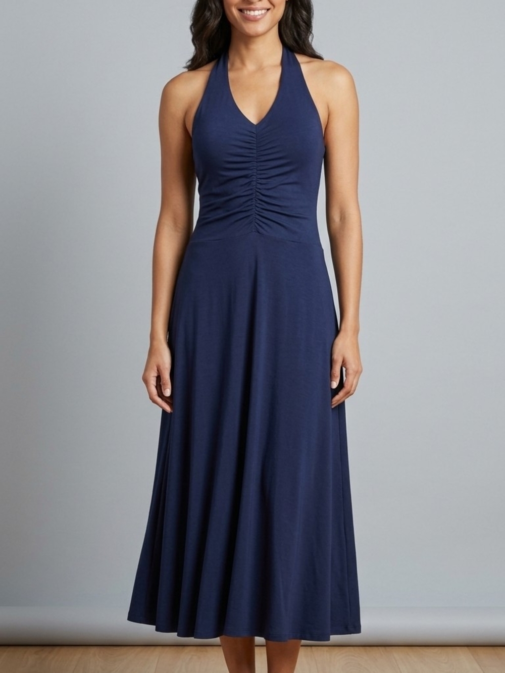 Navy Halter Ruched Midi Dress